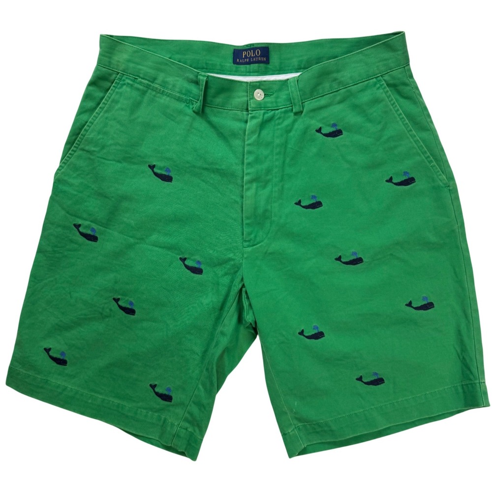 Polo Ralph Lauren Men Green Embroidered Whale Chino Shorts Size 34 Preppy Cotton